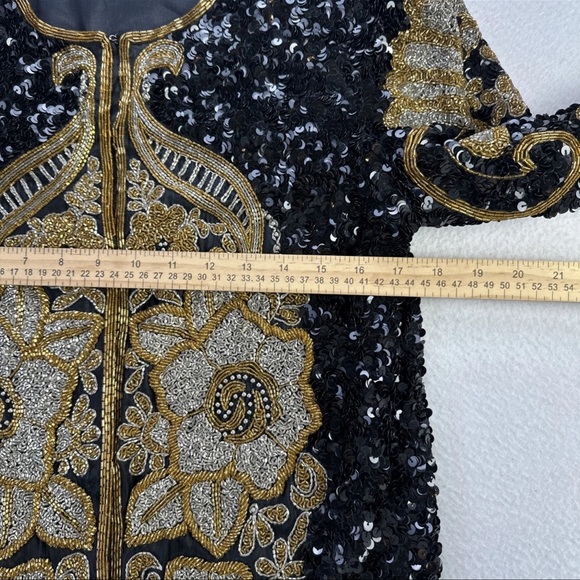 Vintage Night Vogue Black Sequin Silk Jacket Gold Embroidery Formal Sz M - Picture 6 of 10